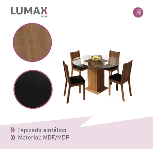 Juego De Comedor Con Mesa Redonda De Vidrio Y 4 Sillas Rústi Color Negro