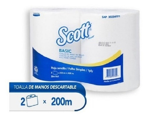 Toalla Manos Scott® Basic Rollo Blanca- 1x 2 Rollos 200 Mts