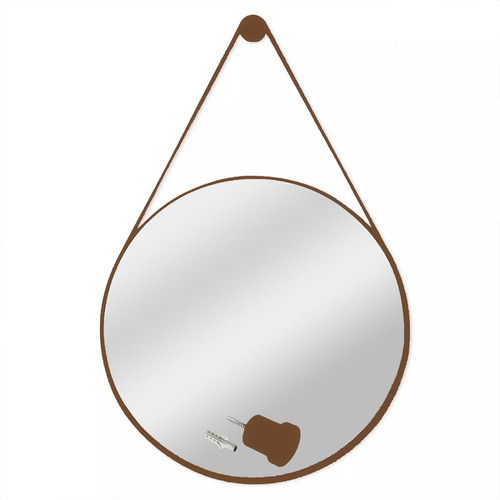 Espelho Adnet Design Clássico Com 60 Cm Alça De Couro Moldura Moldura Couro Caramelo