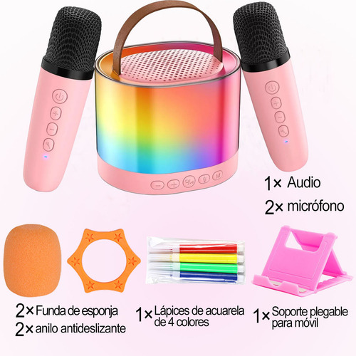Máquina de karaoke altavoz bluetooth con 2 micrófonos inalámbricos color rosa