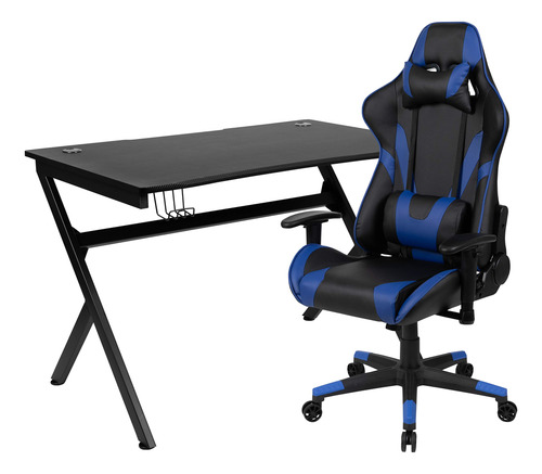 Juego De Escritorio Gamer Negro Con Silla Reclinable Azul Y