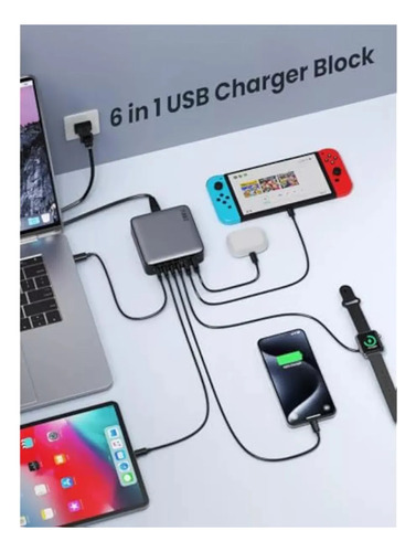 Estación Carga Rápida 6 Usb 120w Notebook Celular Tablet Negro