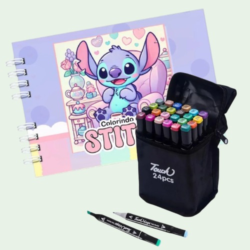 Kit Presente Livro De Colorir Capa Dura Estilo Stitch Angel 50 Pag 180g + 24 Canetinhas Touch Marcadores Permanentes Ponta Dupla