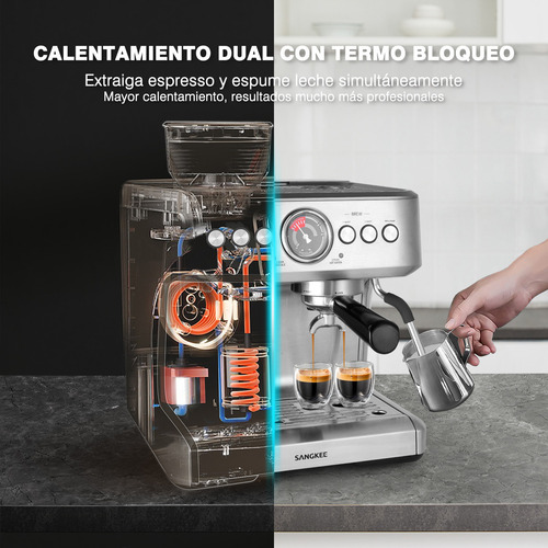 SANGKEE Máquina de Espresso con Molinillo y Varilla de Vapor, Cafeteras Espresso Profesionalde 20 bares con Doble Caldera & Tecnología de Calentamiento,Capuchino y Latte para Uso Doméstico y Comercial