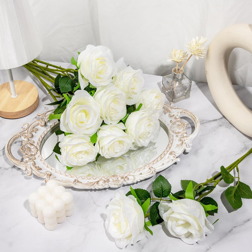 Ramo De 18 Rosas Blancas Artificiales De Seda Con Tallos Lar