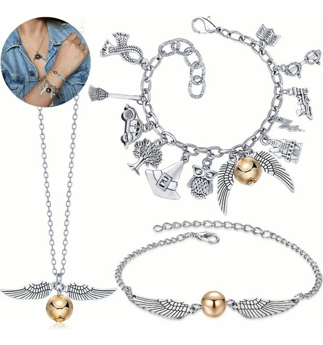A Collar School De Harry Potter + Pulsera Snitch, 3 Piezas