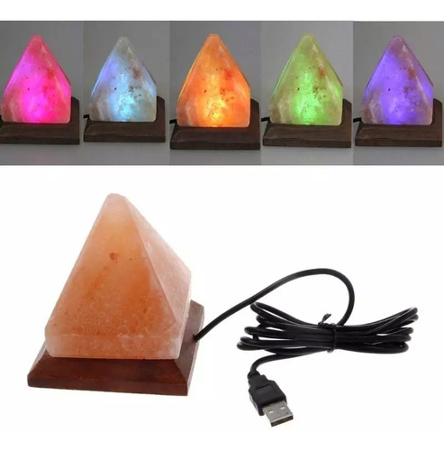 Lámpara Sal Rosada Pirámide Natural Usb Roca Base De Madera