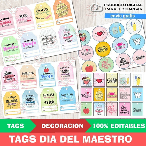 Kit Imprimible Dia Del Maestro Tags Editables + Fondos