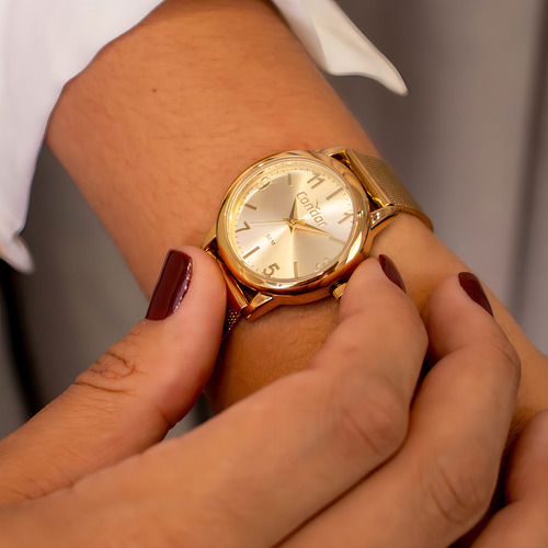 Relógio Feminino Condor Dourado Pequeno Fácil Ajuste + Kit