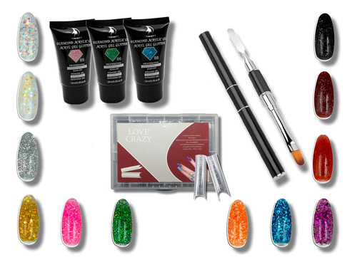 Kit Polygel Glitter 15ml 3pz + Pincel + Tip Dual Marca Mussa