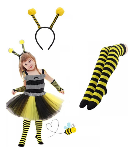 Set Kit Abeja Abejita Disfraz Halloween Diadema + Medias Para Niña O Mujer Amarillo Con Negro Antenas 