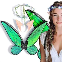 Comprar Conjunto Disfraz De Campanita: Alas De Hada Malla, Corona Tiara De Flores Led, Orejas De Elfo Disfraz Cosplay Halloween