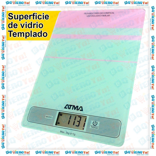 Imagen 5 de 10 de Balanza Digital Cocina Atma Hasta 3kg Vidrio Templado Bc7204