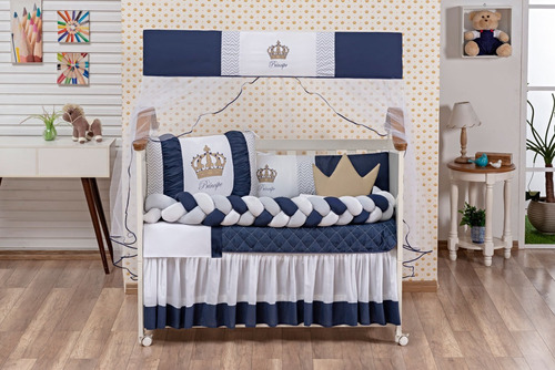 Imagem 5 de 6 de Kit Berço Trançado Coroinha Menino Azul 11 Peças Com Saia