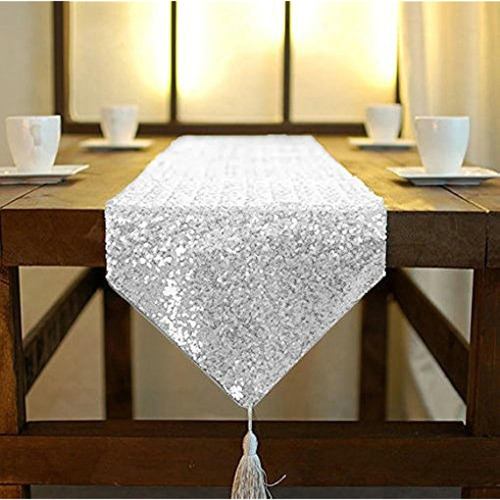 Sequin Tassel Table Runner Silver 12in X 90in Sequin Table R