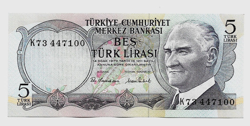  Fk Billete Turquia 5 Lira 1976 P-185 Sin Cicular