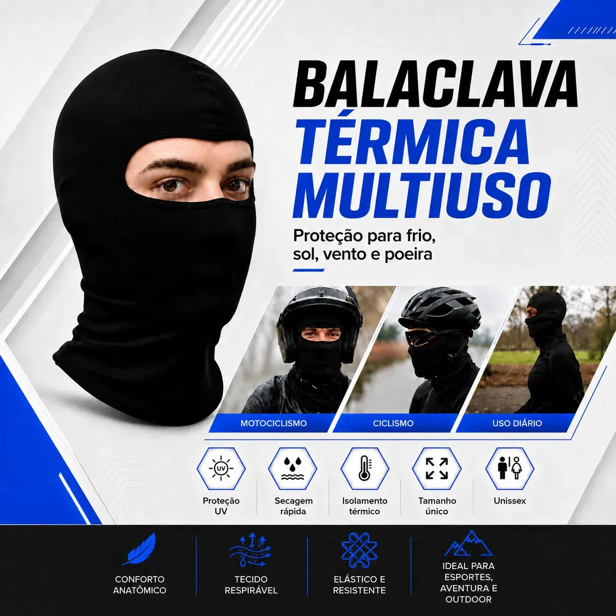 Touca Balaclava Ninja Uv50+ Térmica Respirável Moto Bike Corrida Ciclismo Motoboy Academia Proteção Solar Frio Vento Secagem Rápida Unissex Preto Capa Rosto Facial - Topsand Activewear