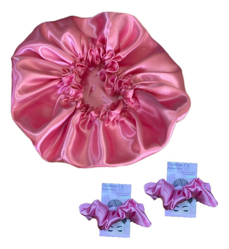 Gorro Antifrizz Cofia De Saten + 2 Colita Scrunchie Regalo Rosa Chicle