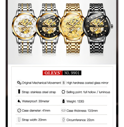 Relojes Mecánicos Automáticos Con Orificio Hueco Olevs 9901 Color Del Fondo Dorado