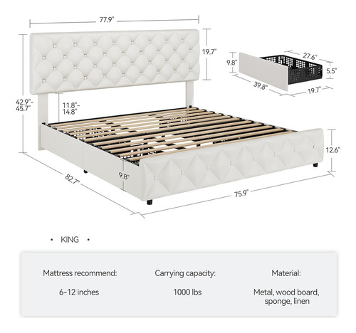 Base De Cama Idealhouse King Size Tapizada En Lino White