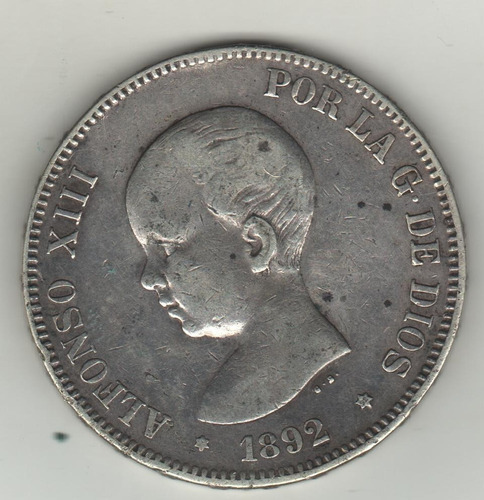 España 5 Pesetas De Plata Alfonso 13 Año 1892 Pg-m - Km 689