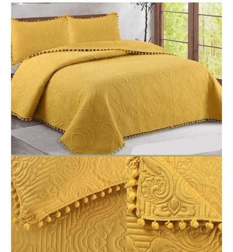 Cubrecama Quilt De Verano 1.5 Plazas Pompones Mostaza