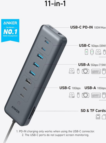 Anker Hub Usb-c 11 En 1, Concentrador De Datos 10 Gbps
