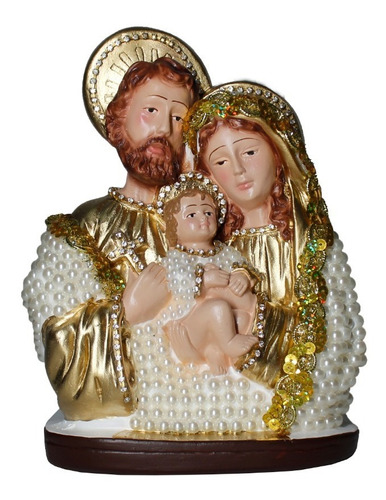 Estatueta Sagrada Família Dourada Com Pérolas Em Resina 19cm
