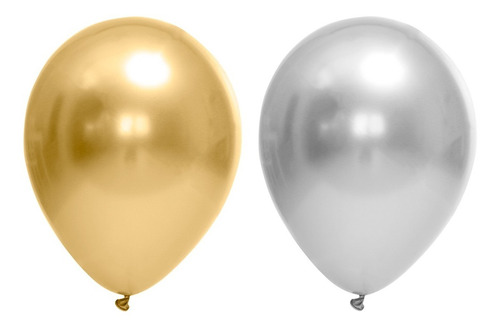 Imagem 1 de 6 de Bexiga Balão Metalizado Dourado Prata 50 Unidades N9