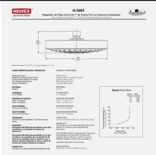 Regadera De Chorro Fijo H-3003 Helvex 7 Acabado Cromo