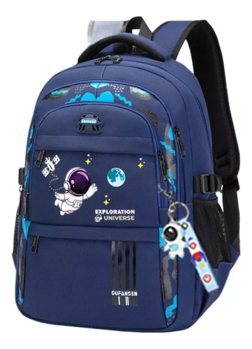 Mochila Ortopédica Infantil, Astronauta, Impermeável [v] Cor Blue_large Desenho Do Tecido Liso