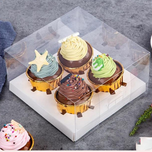 10 Cajas Acetato Transparente Para 4 Cupcakes Base Blanca Color Blanco