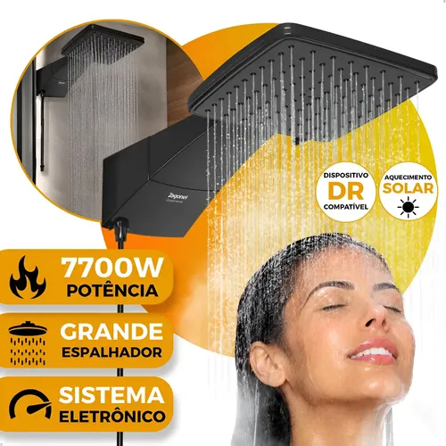 Zagonel Chuveiro Ducha Eletrônica Zagonel Quadratta 7700w Alta Vazão Preto 220v 7