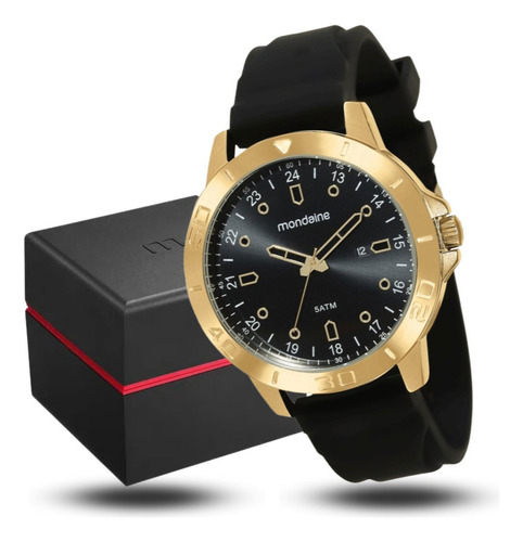Relógio De Pulso Mondaine Com Corria De Silicone Cor Preto - Bisel Dourado