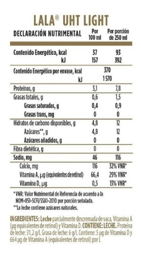 Imagen 2 de 2 de Leche Lala Light Baja En Grasa 1 Lt...