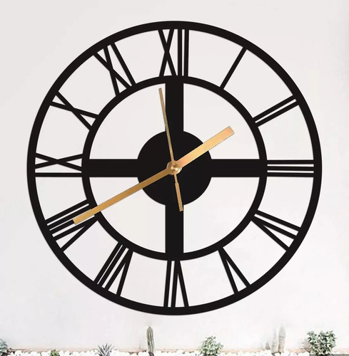 Cuadro Deco Reloj Romano En Madera Calado Negro 60x60 Cm
