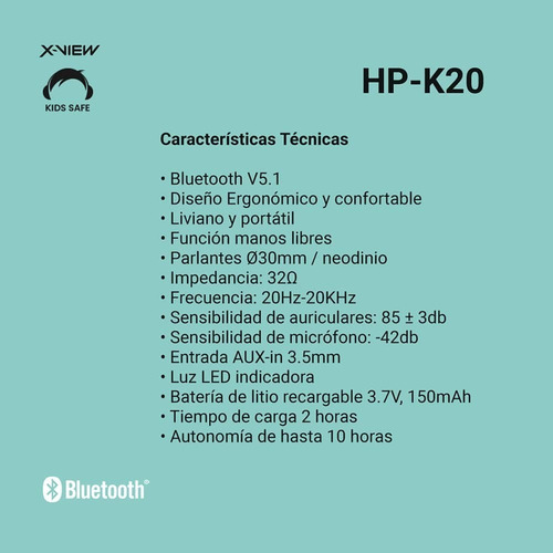 Imagen 9 de 10 de Auriculares Inalambricos Niños Kids Hp-k20 Bluetooth