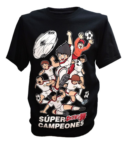 Playera Negra Cuello Redondo Estampado Super Campeones