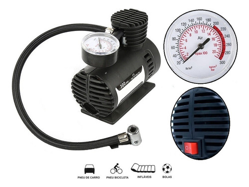 Kit Compressor Ar Bomba Calibrar Pneus Roda Aro Libras Bar