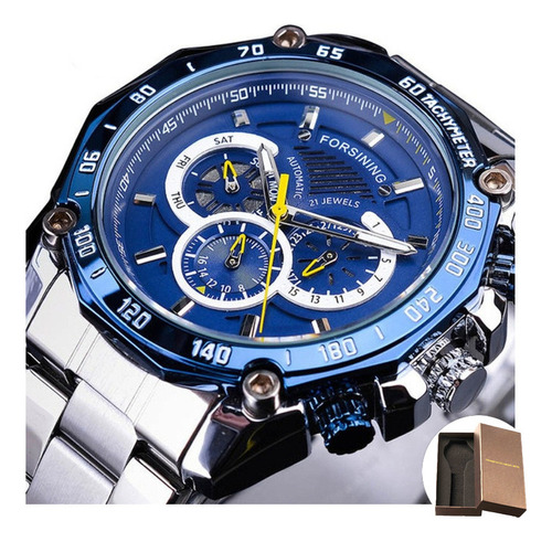 Reloj Luminoso Mecánico Clásico Forsining Gmt1138 Color Del Fondo Plateado/azul