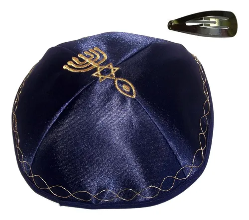 Kipa De Raso, Holy Land Market, Azul Con Punto Dorado