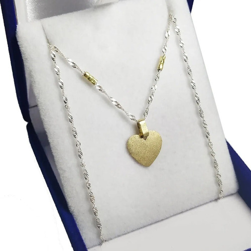 Conjunto Cadena Plata Y Oro + Dije Oro 18k Medalla Corazón 