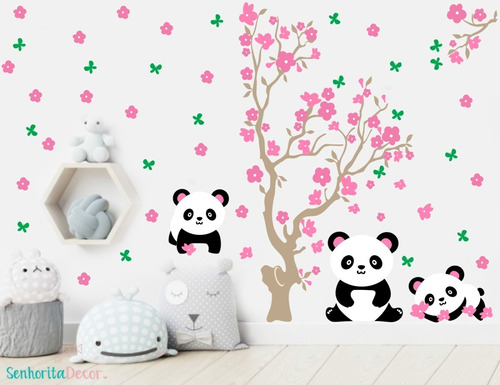 Adesivo De Parede Decoração Infantil Panda Na Arvore Flores