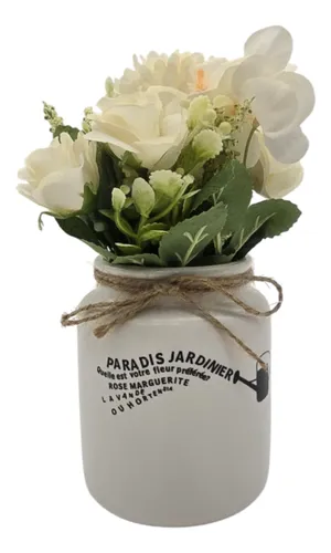 Planta Artificial Macetero Ceramica Blanco Con Hortensias