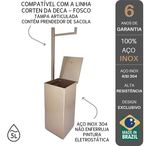 Lixeira Inox Quadrada Com Papeleira Corten Ref. Deca
