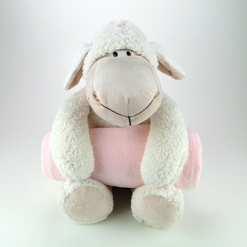 Ovelha De Pelúcia Com Mantinha Rosa Grande