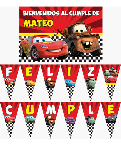 Cars Rayo Mcqueen Mate Cartel Y Banderín Decor Cumpleaños