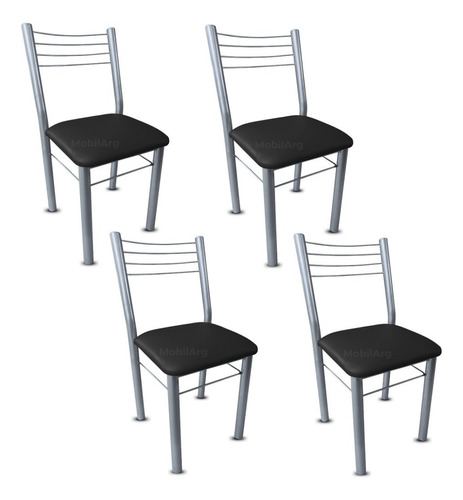 Silla De Comedor Cocina Bar Caño Gris Metalizado Pack X4 Asiento Tapizado Respaldar De Hierro Con Refuerzo Asiento Negro