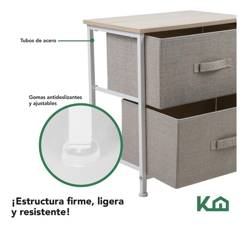 Kinghouse KINGCHEST2 Mesa de Noche Comoda 2 Cajones De Tela Tablero De Madera Recamara Color Beige