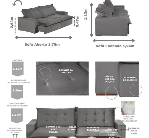 Sofá Modular Bahia 4 Lugares 230 Cm Com Molas Fc